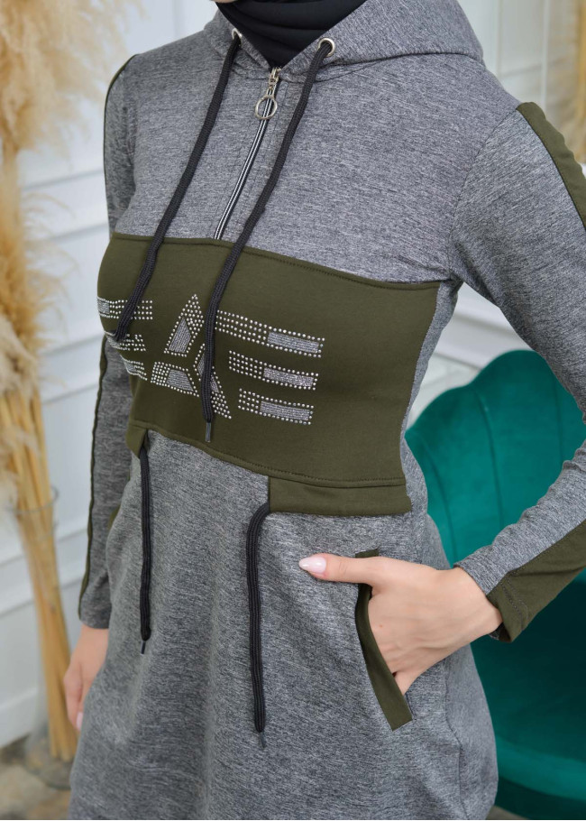 تونيك نسائي شرعي قطني مع كبشون 1053 Haki