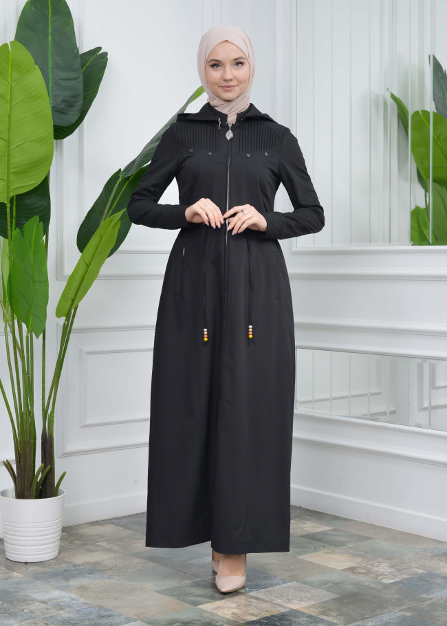 women overcoat  with hoodie of linen fabric 223 Siyah
