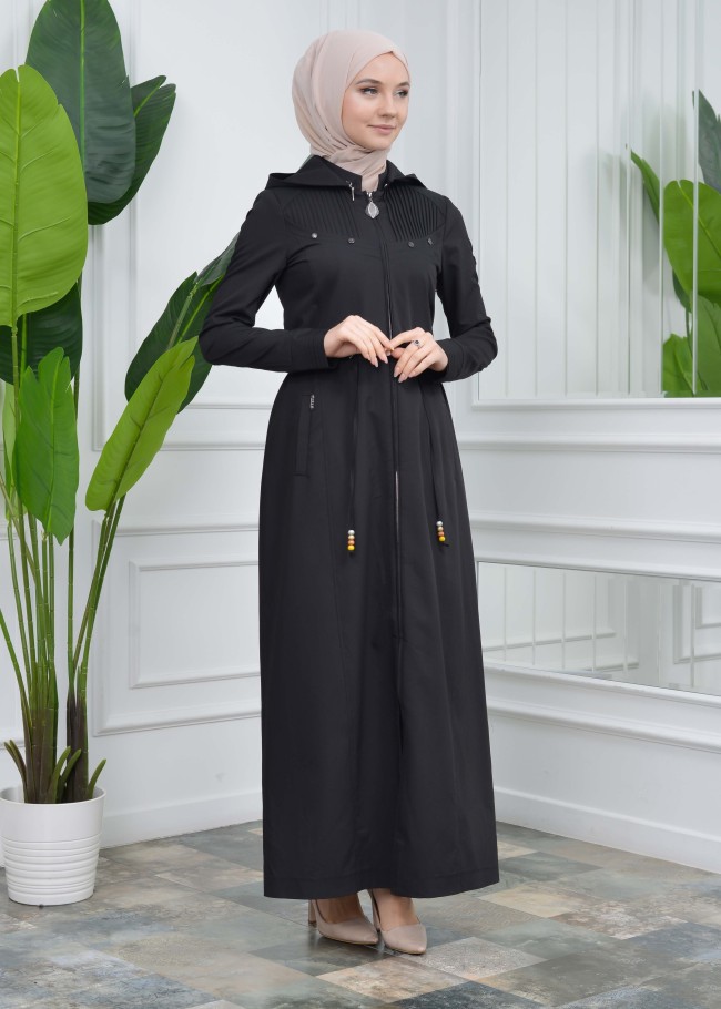 مانطو نسائي رائع مع كبشون قماش كتان 223 Siyah