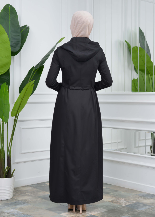 women overcoat  with hoodie of linen fabric 223 Siyah