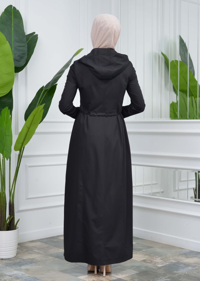 مانطو نسائي رائع مع كبشون قماش كتان 223 Siyah