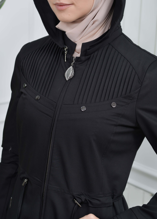 women overcoat  with hoodie of linen fabric 223 Siyah