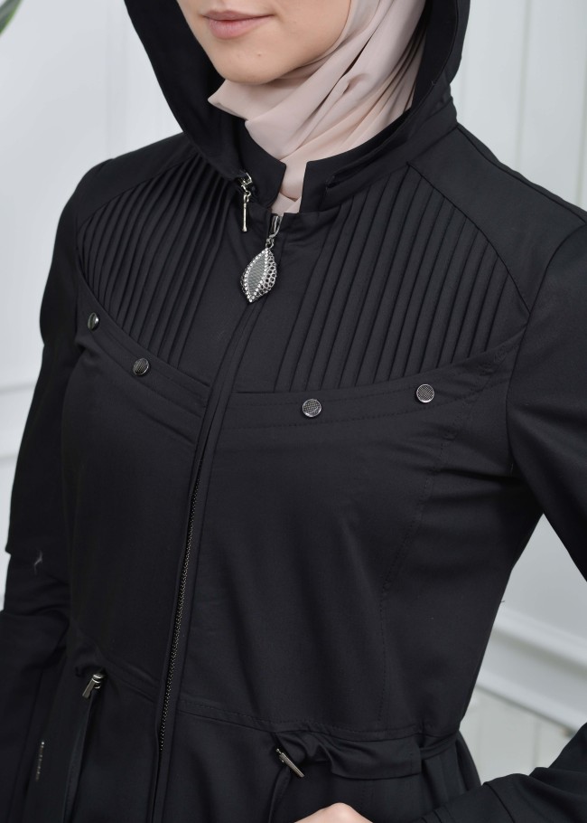 مانطو نسائي رائع مع كبشون قماش كتان 223 Siyah