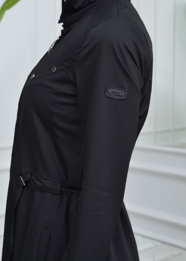 مانطو نسائي رائع مع كبشون قماش كتان 223 Siyah