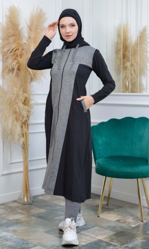 ترانشكوت نسائي قطني مع كبشون و ألماس 1117 - اسود