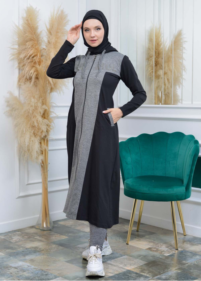 ترانشكوت نسائي قطني مع كبشون و ألماس 1117 Siyah