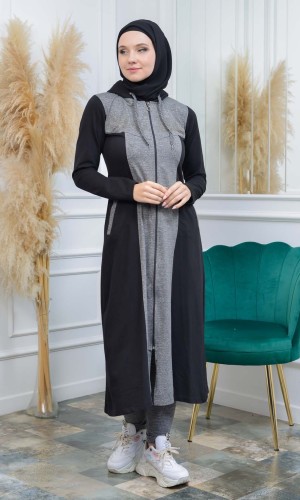 ترانشكوت نسائي قطني مع كبشون و ألماس 1117 - اسود
