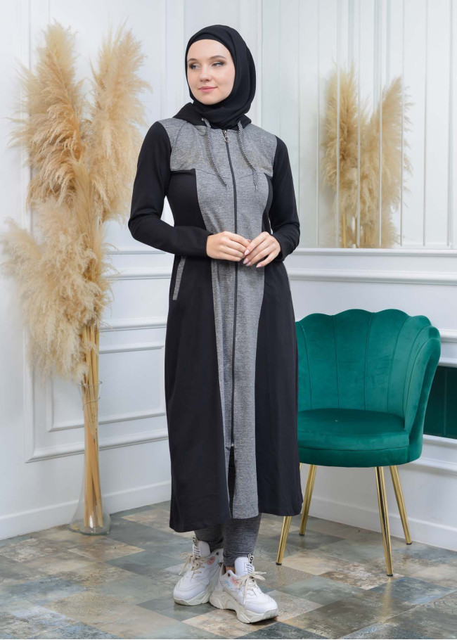 ترانشكوت نسائي قطني مع كبشون و ألماس 1117 Siyah