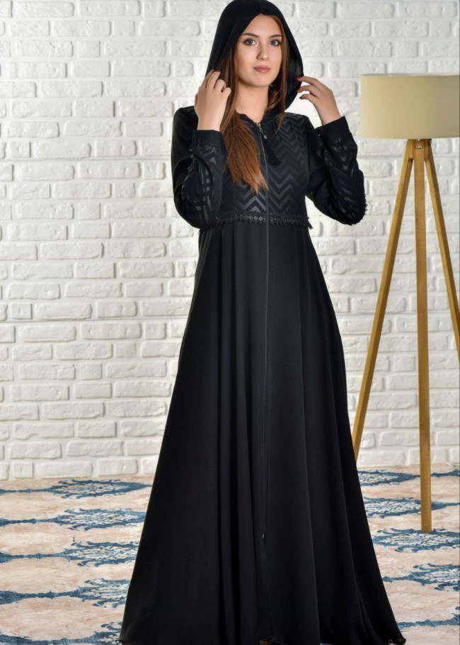 women Hoodied Abaya of Rose Rise fabric 571 Siyah