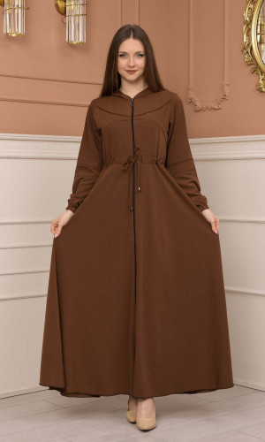 عباية نسائية صيفي بكبيشون ثابت وكمر قابل للإزالة 605 - ترابي