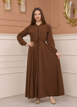 عباية نسائية صيفي بكبيشون ثابت وكمر قابل للإزالة 605 - ترابي