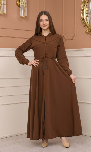 عباية نسائية صيفي بكبيشون ثابت وكمر قابل للإزالة 605 - ترابي