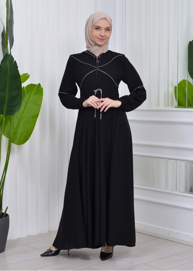 Women's Hooded Abaya with Detachable Belt 605 Beyaz
