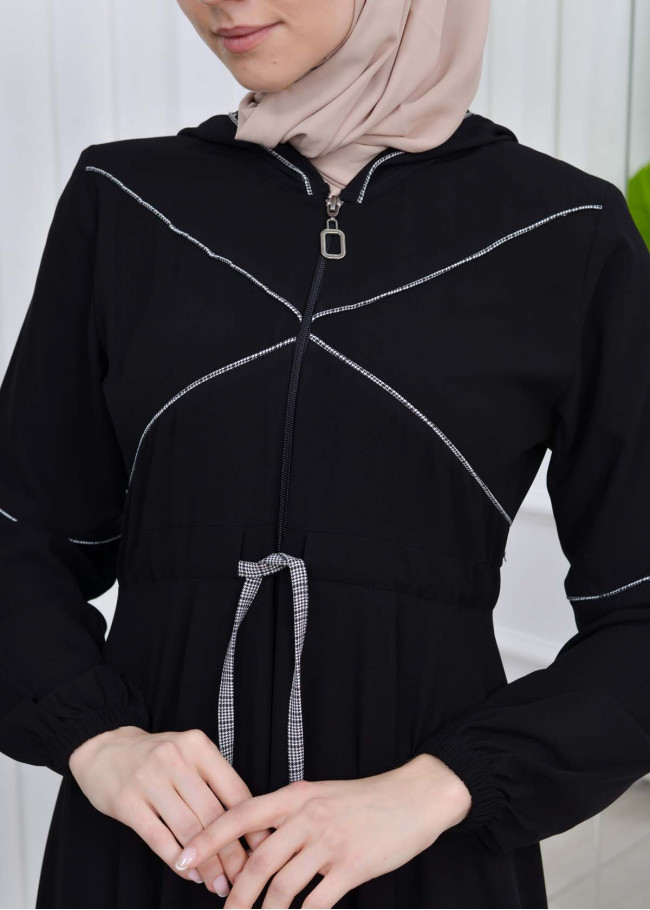 Women's Hooded Abaya with Detachable Belt 605 Beyaz