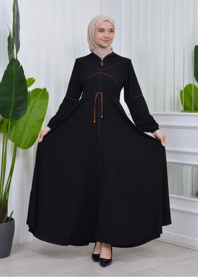 Women's Hooded Abaya with Detachable Belt 605 Kahve