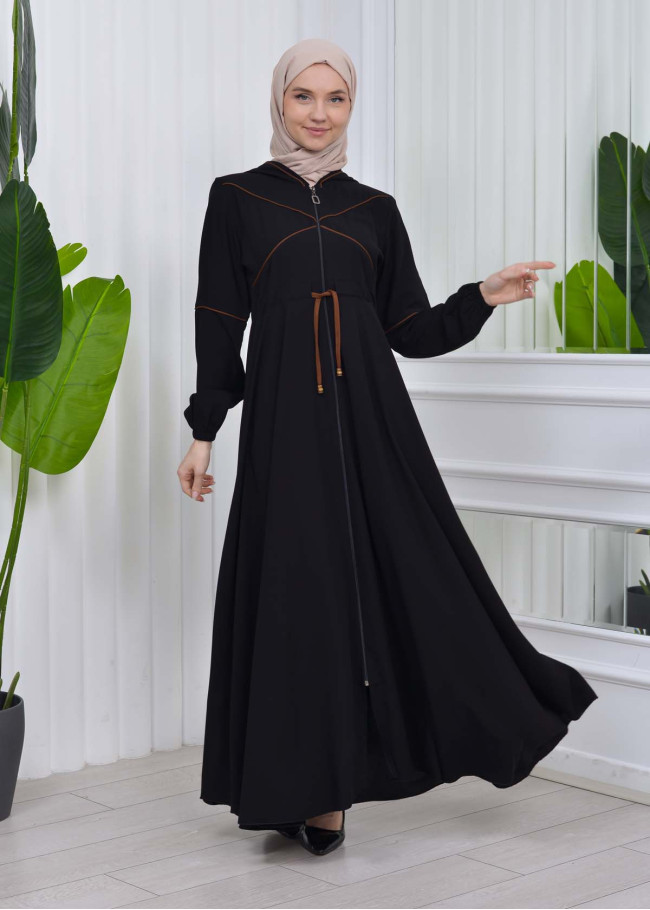 Women's Hooded Abaya with Detachable Belt 605 Kahve