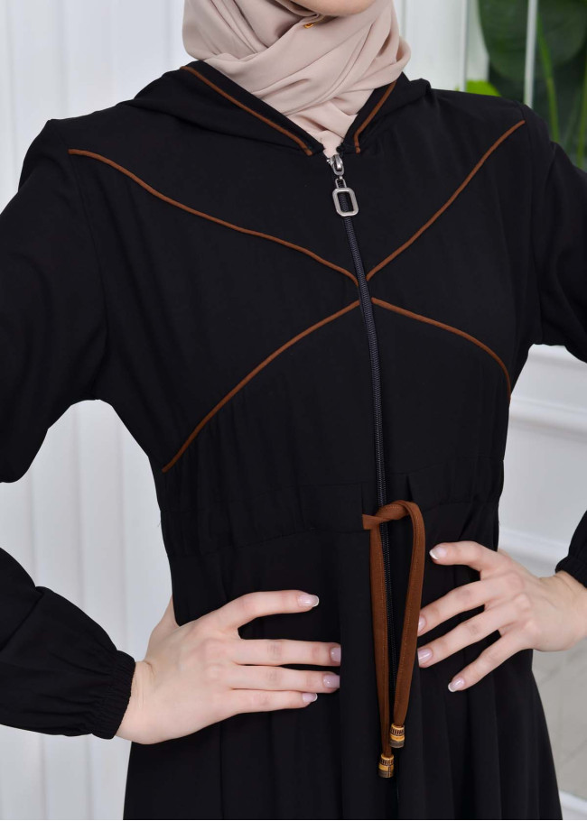 Women's Hooded Abaya with Detachable Belt 605 Kahve