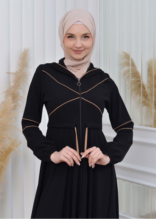عباية نسائية صيفي بكبيشون ثابت وكمر قابل للإزالة 605 Bej