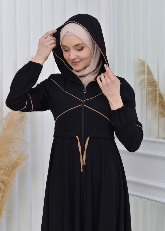 عباية نسائية صيفي بكبيشون ثابت وكمر قابل للإزالة 605 Bej