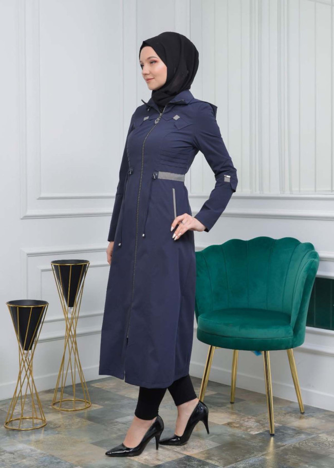Women's Hoodied Overcoat of parashot Fabric 1104 Lacivert