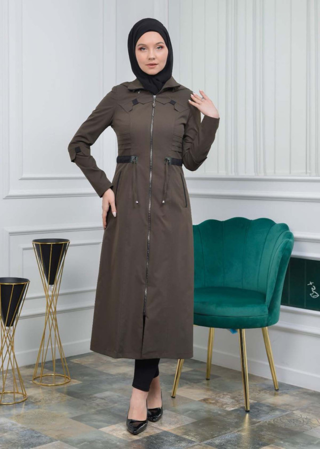 Women's Hoodied Overcoat of parashot Fabric 1104 Haki