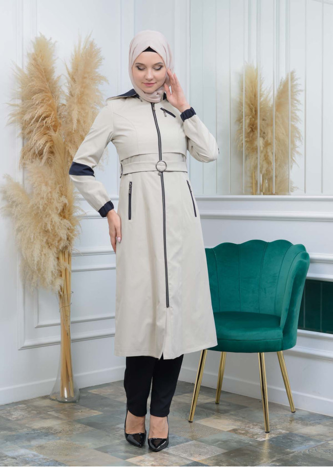 Women's Hoodied Overcoat of parashot Fabric 1105 Bej
