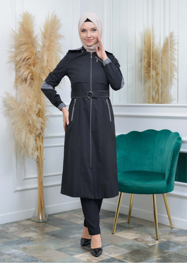 Women's Hoodied Overcoat of parashot Fabric 1105 Siyah