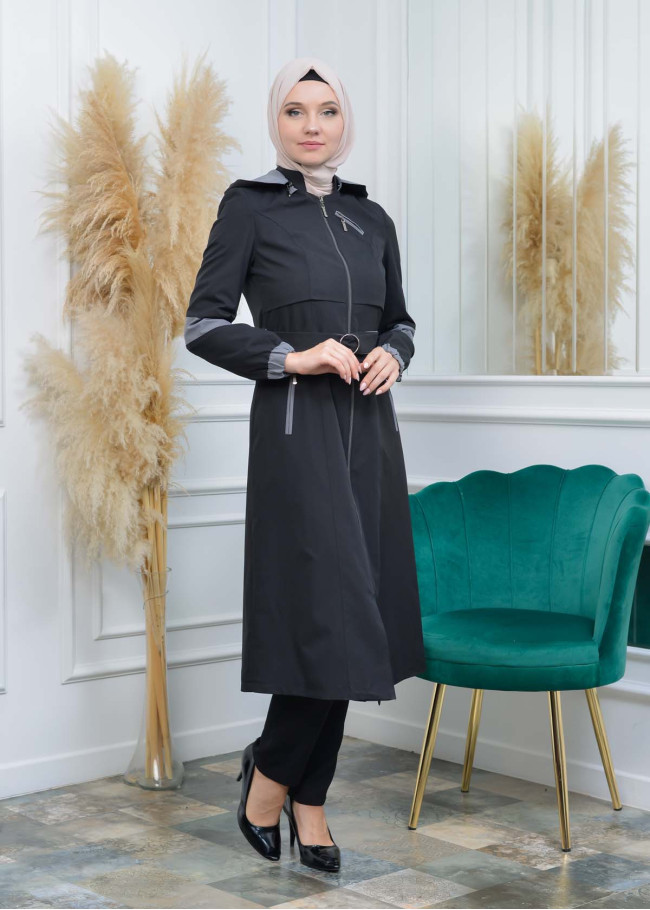 Women's Hoodied Overcoat of parashot Fabric 1105 Siyah