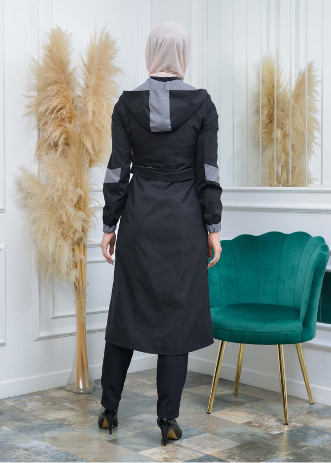 Women's Hoodied Overcoat of parashot Fabric 1105 Siyah