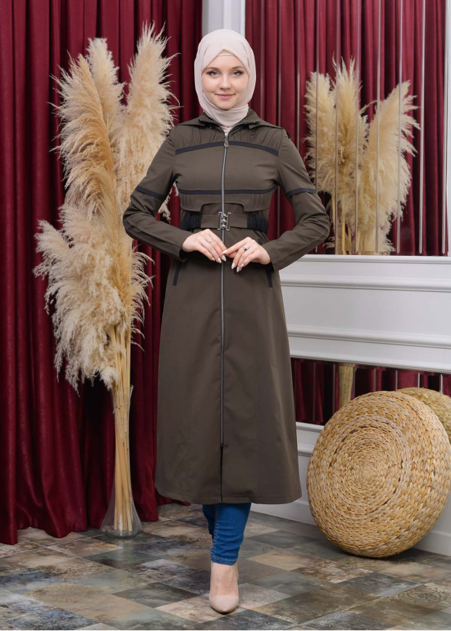 Women's Hoodied Overcoat of parashot Fabric 1112 Haki