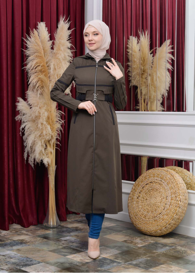 Women's Hoodied Overcoat of parashot Fabric 1112 Haki