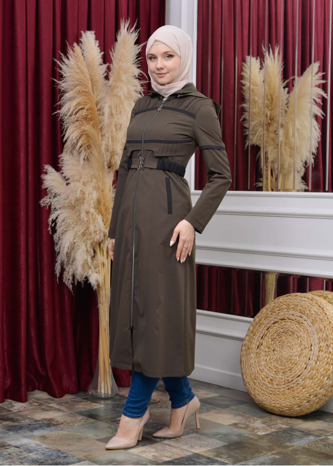 Women's Hoodied Overcoat of parashot Fabric 1112 Haki