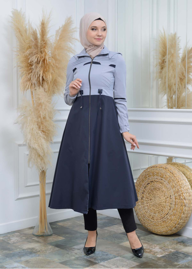 Women's Hoodied Overcoat of parashot Fabric 1114 Gri