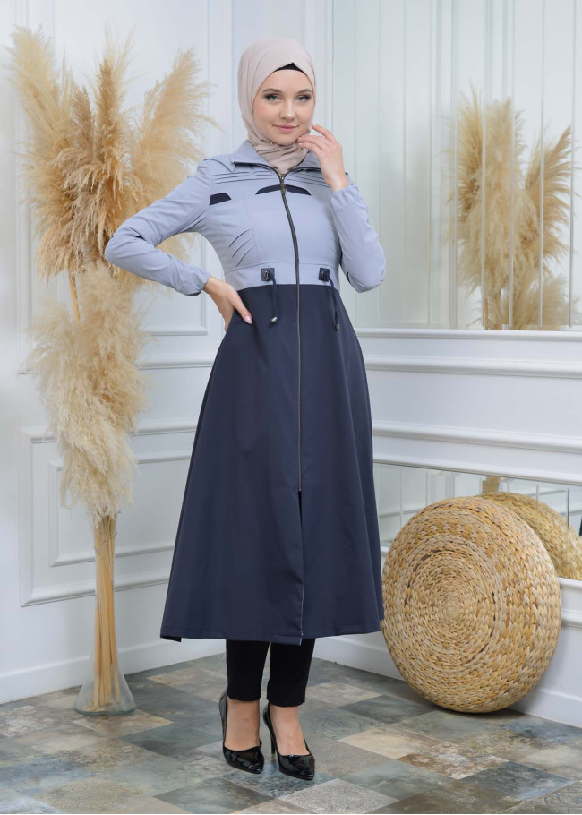Women's Hoodied Overcoat of parashot Fabric 1114 Gri