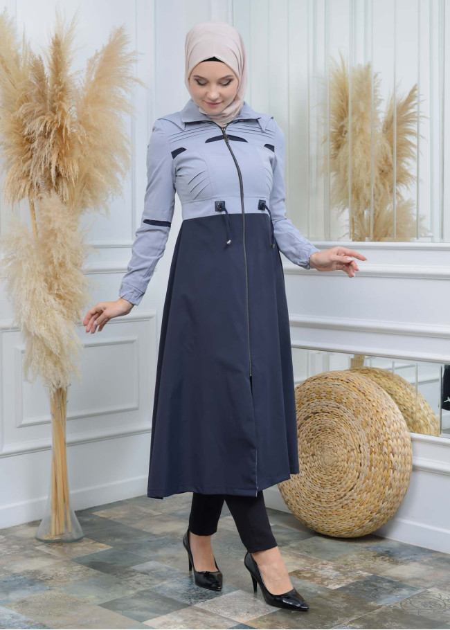 Women's Hoodied Overcoat of parashot Fabric 1114 Gri
