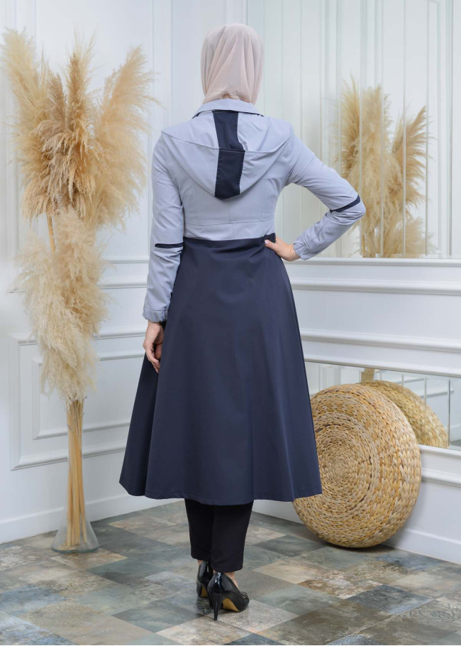 Women's Hoodied Overcoat of parashot Fabric 1114 Gri