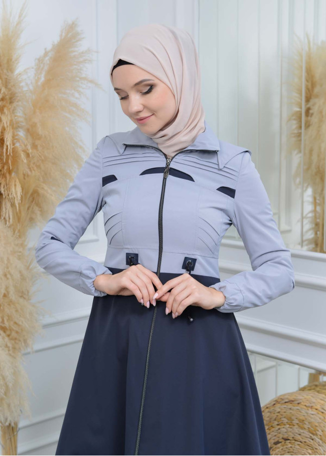 Women's Hoodied Overcoat of parashot Fabric 1114 Gri