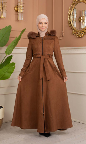 معطف شامواه نسائي طويل شتوي 1369 - ترابي