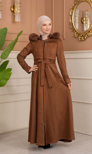 معطف شامواه نسائي طويل شتوي 1369 - ترابي