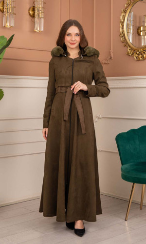 معطف شامواه نسائي طويل شتوي 1369 - زيتي