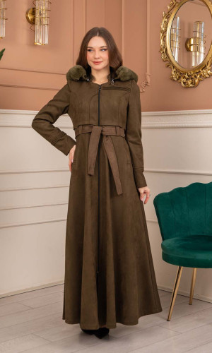 معطف شامواه نسائي طويل شتوي 1369 - زيتي