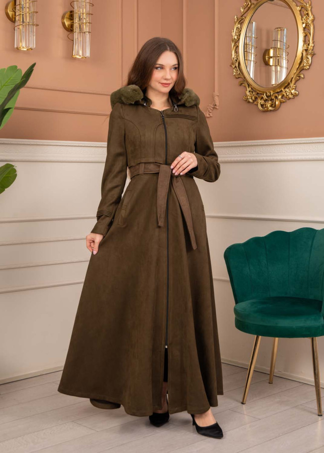 Women’s Long Winter Suede Coat 1369 - khaki