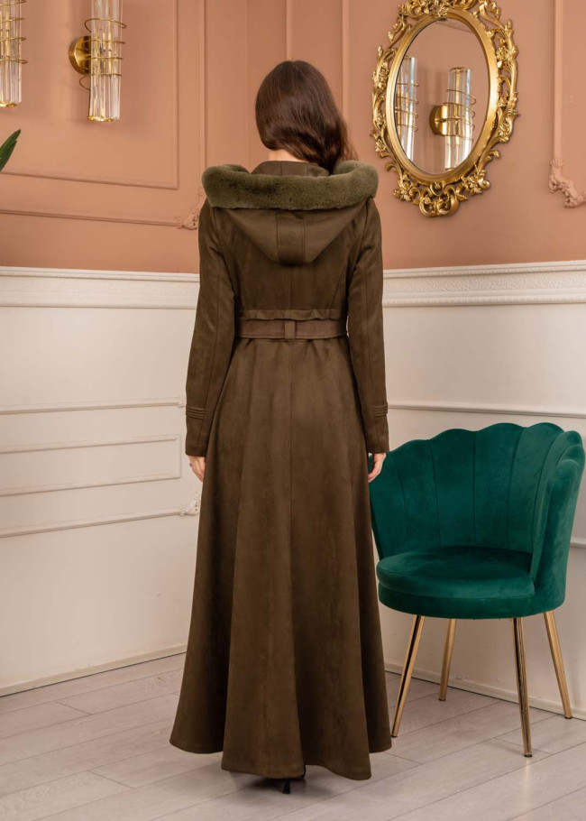 Women’s Long Winter Suede Coat 1369 - khaki