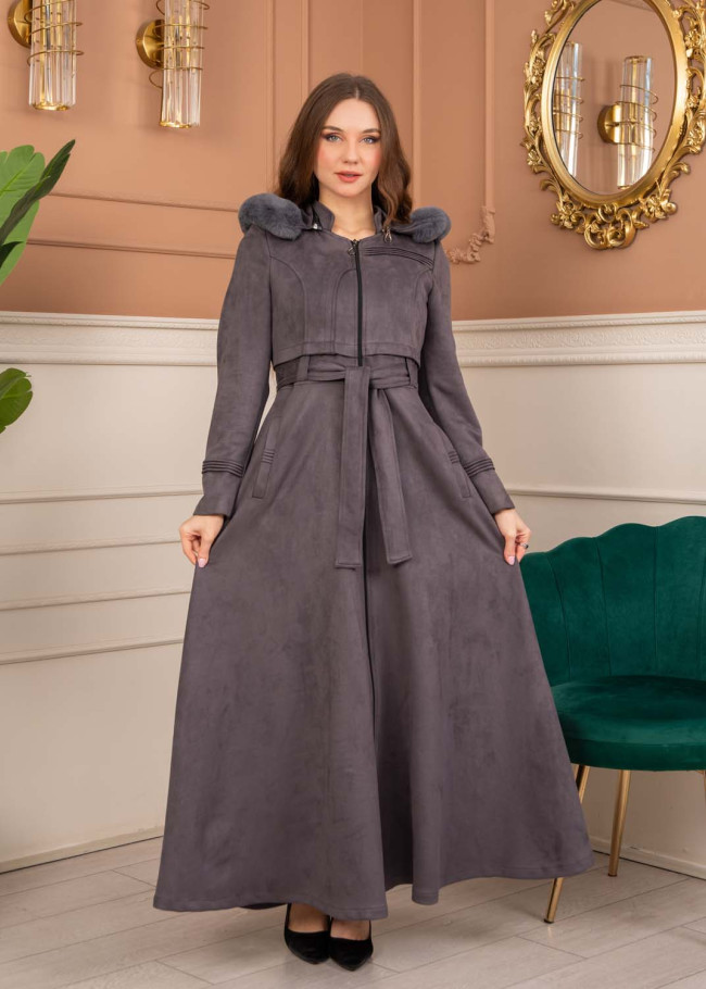 Women’s Long Winter Suede Coat 1369 - gray