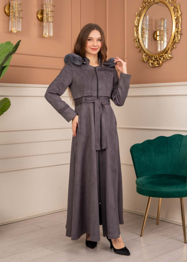 Women’s Long Winter Suede Coat 1369 - gray