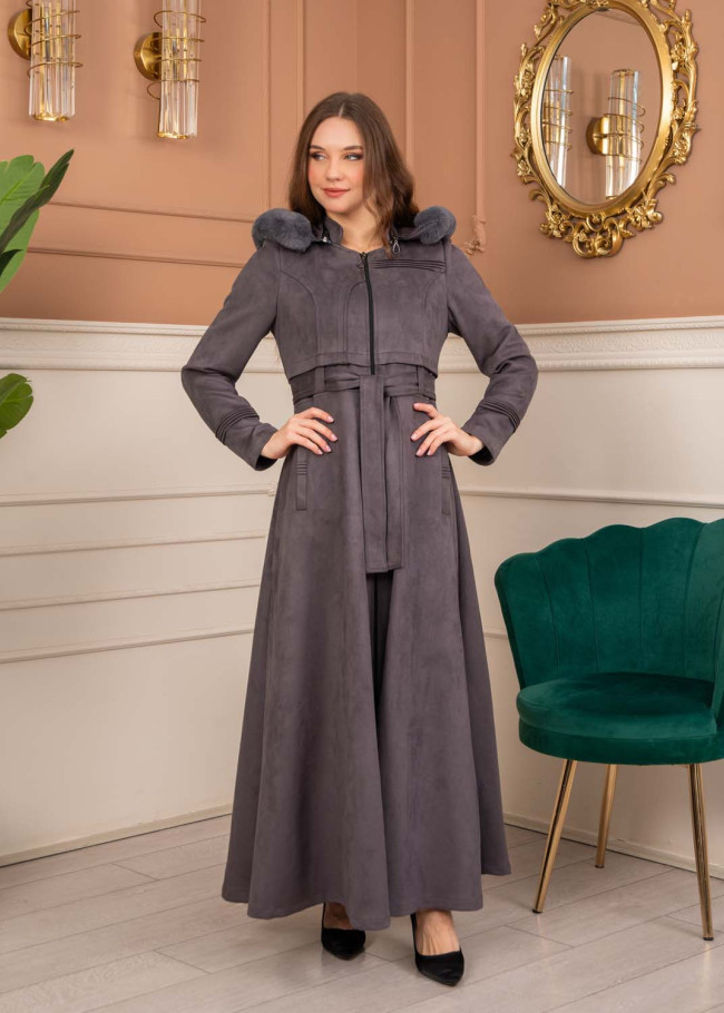 Women’s Long Winter Suede Coat 1369 - gray