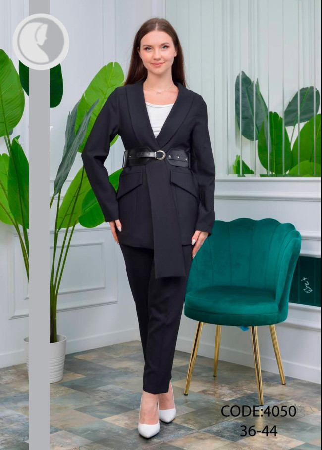 طقم نسائي رسمي قطعتين بحزام جلدي مميز 4050 Siyah