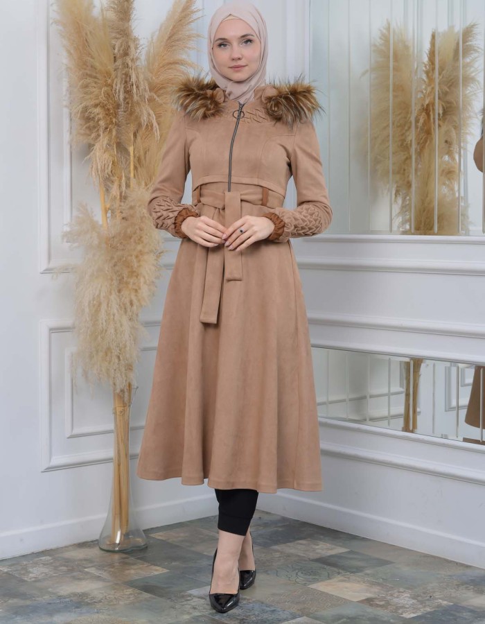 Women's trench coat suede, plisse, movable hood, 1316 Bej