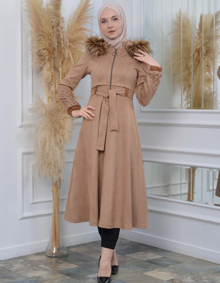 Women's trench coat suede, plisse, movable hood, 1316 Bej