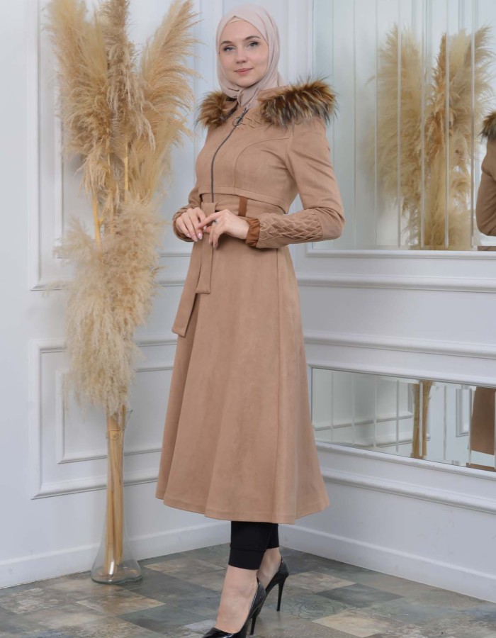 Women's trench coat suede, plisse, movable hood, 1316 Bej